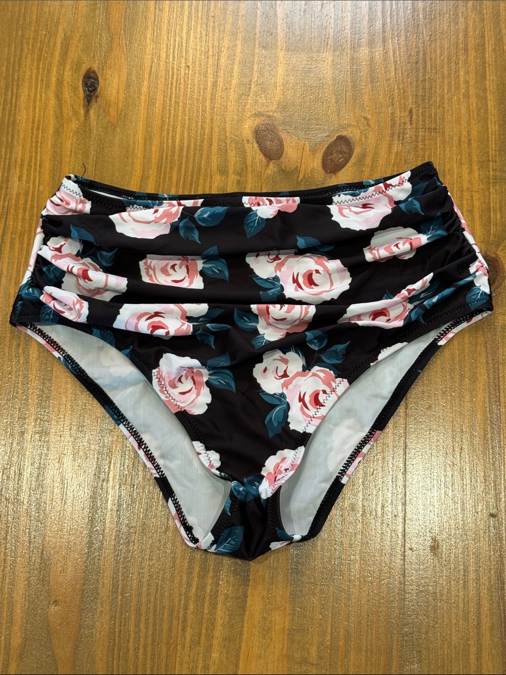 High-Waist Floral Bikini Bottoms - Black with Pink Roses NWOT